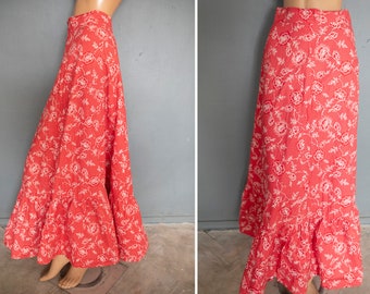 Red  cotton skirt / Tiered flounced Prairie Peasant Maxi skirt /Cottage core skirt maxi floral print Vintage  70s bohemian  hippie /S