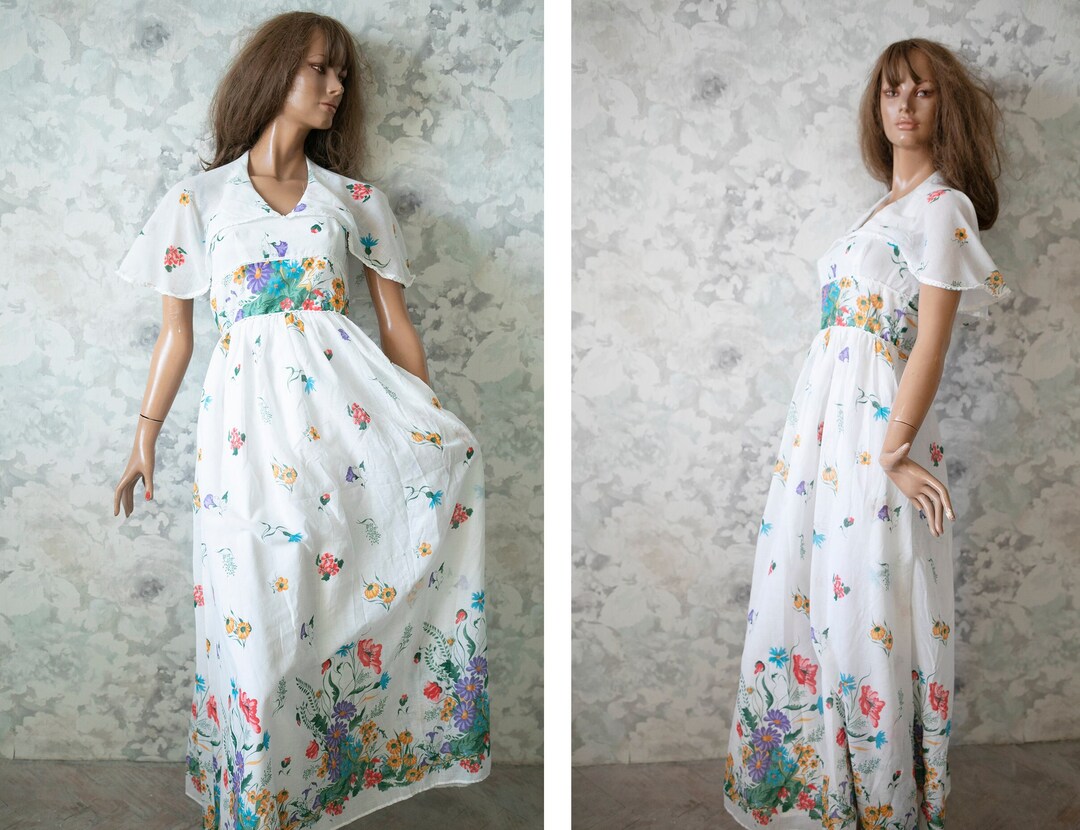 White Prairie Dress/70s Vintage Cotton Sweet Full Length Etsy