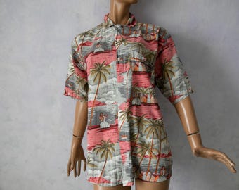 Vintage 80s Aloha Hawaiian Shirt – Men's Size L – 100% Cotton pink grey
