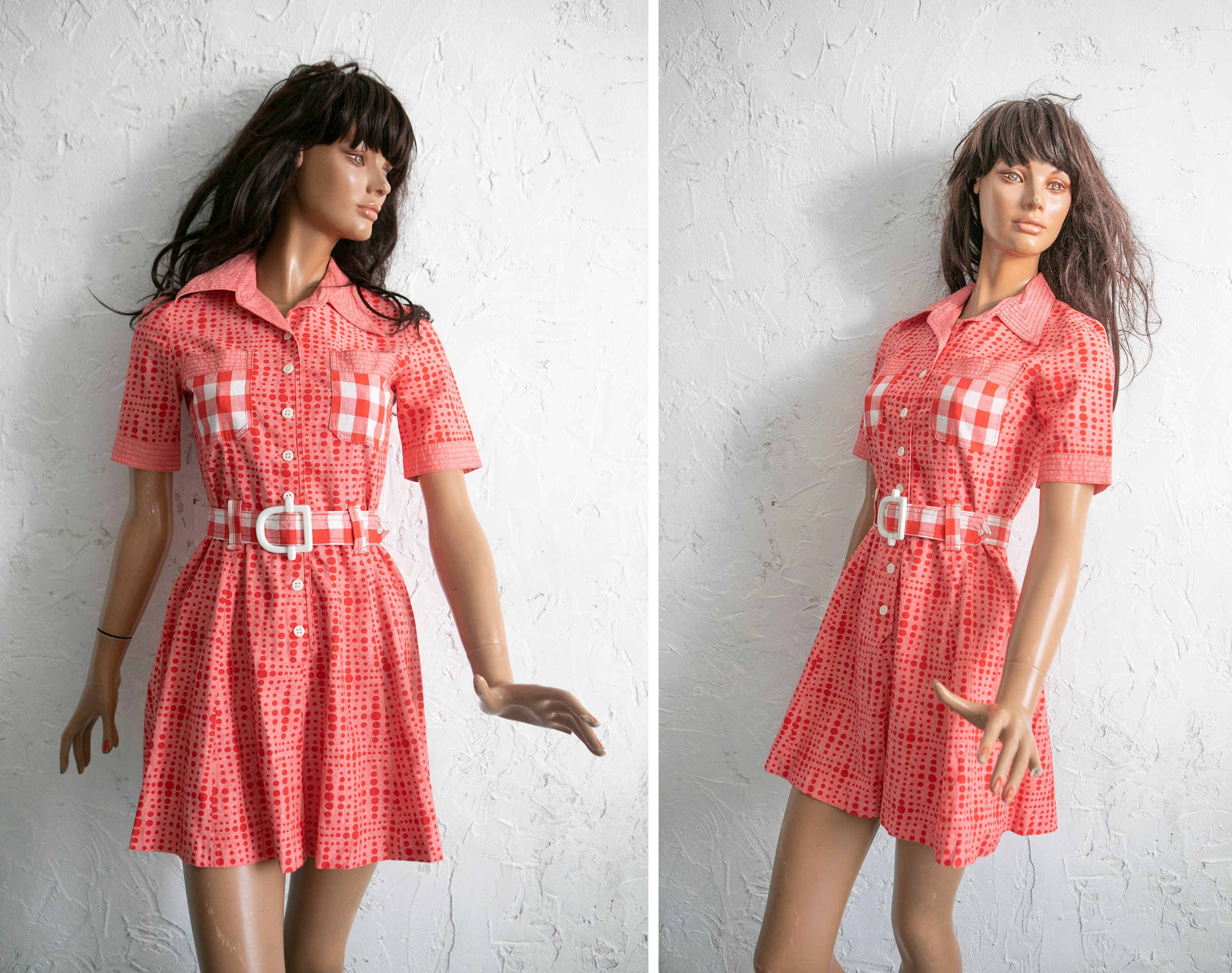 Woman Vintage 70s Dress /red White 