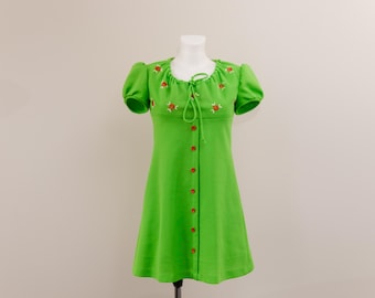 Vintage 60s Green Mod Mini Dress Floral Embroidered Puff Sleeve Empire Waist Dress /S