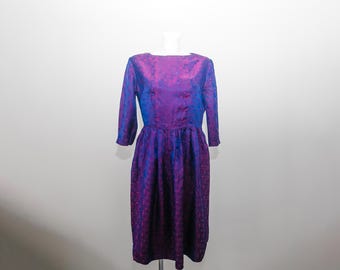 1950s Vintage Silk Taffeta Party Dress | Iridescent Purple Blue Midi Dress /small