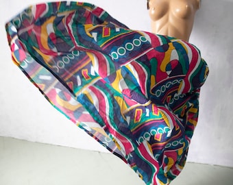 Vintage Gauze Cotton Midi Skirt: 80s Abstract Print  multicolor bohemian festival wear  M/L