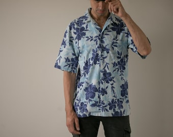 Vintage Hilo Hattie Hawaiian Shirt: Blue Floral Cotton, 90s Tropical Resort Wear/ M/L