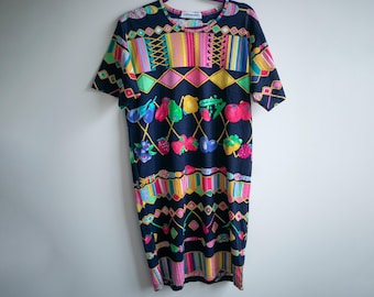 Vintage Leonard Paris Fruit Print Jersey Dress, 100% Cotton T-Shirt Dress, Colorful Novelty Pattern Midi Shift Dress M