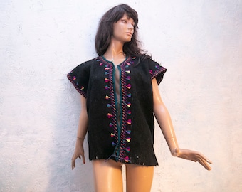 Vintage 70s black felted  wool  vest, hand embroidered, hippie vest,/Mayan vest/  Ethnic Tribal Boho Gypsy Vest/unisex vest/M/L