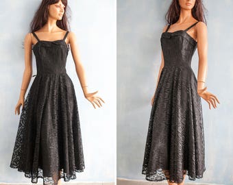 Black Lace Ballerina Dress: 1950s Style Midi Prom Gown/ small