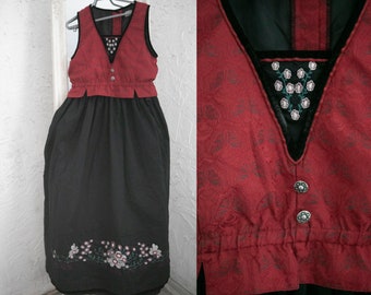 Vintage girls folk  Norvegian Bunad Dress Scandinavan Folk dress embroidered / girls black color  wine red bust midi dress/name it