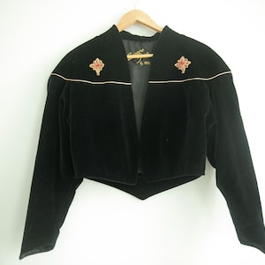 Vintage Black Velvet Bolero Jacket: Ornate Brooch Embellishments, Made in Finland