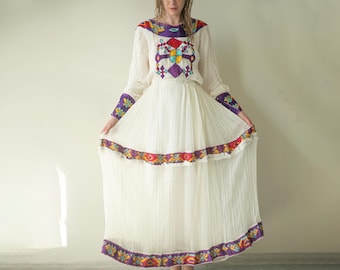 Vintage Ethiopian Habesha Kemis Dress – White Cotton Gauze Festive Gown/ S