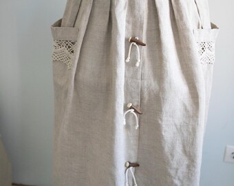 Linen Midi Skirt: 80s Bohemian Dirndl Style light grey  patch pockets Cootagecore/ s