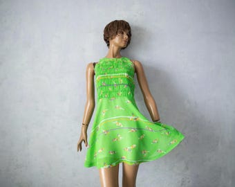 70s flower print  Mini Dress: salad Green Mod Print, sleeveless/  s