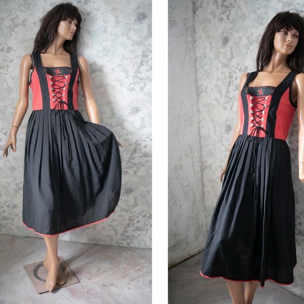 Robe dirndl Original cor des Alpes robe chasuble vintage/robe dirndl rouge noir sans manches midi longueur deux tissus/M