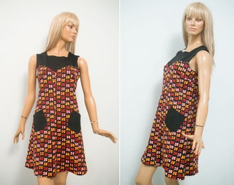 Mini robe Mod vintage pour femme VTG/robe sans manches noire rouge jaune à imprimé floral/robe nuisette noire à poche plaquée/S
