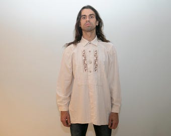 80s Vintage Men’s Folk Shirt / Linen Cotton Blend Rustic Landhaus Retro Top”/M/L
