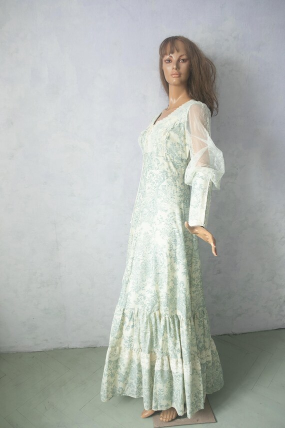 Vintage Gunne Sax Jessica McClintock Toile de Jouy Prairie Dress – 1970s Sz 11 Blue & Cream