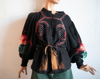 Cardigan noir vintage des années 90 / cardigan en laine neuf Trachten Loden, manches de mouton bouffantes rouges brodé cardigan en tricot/