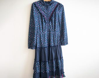 Vintage 70s/80s Prairie Dress: Floral Polka Dot Ruffle Maxi Boho Folk Style S/M