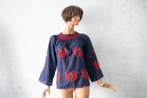 Vintage navy blue red flower embroidery cotton