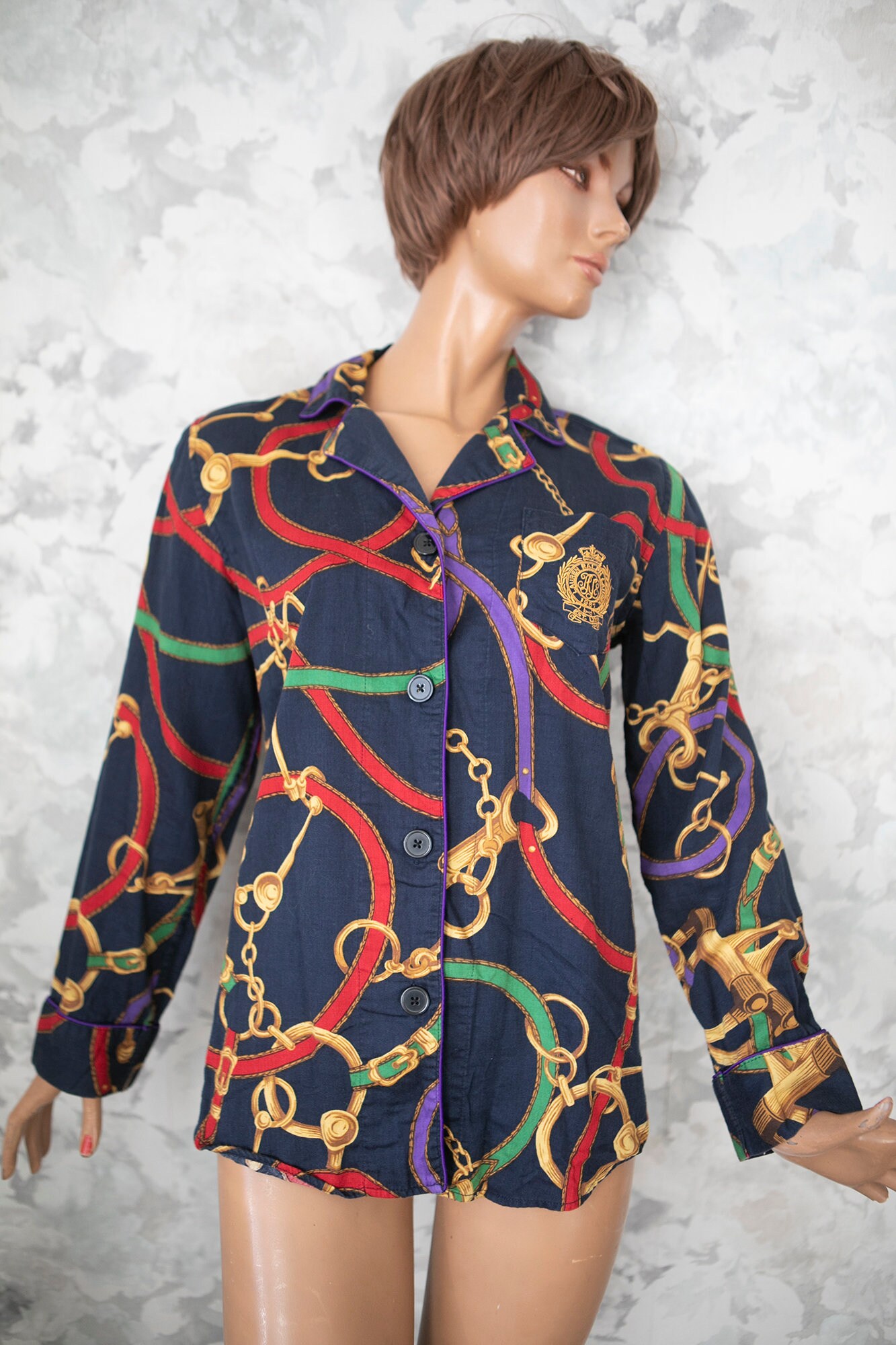 Ralph Lauren Cotton Shirt Black Red Chain Print Blouse Ralph Lauren Night Shirt Embroidered Initials Pajama Shirt m Etsy