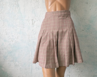 Vintage Plaid Pleated Skirt: Brown Burgundy Red Wool Blend, Knee Length small