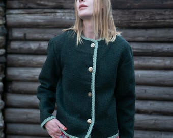 Felted Wool Dirndl Blazer: Austrian Tyrolean Jacket, Moss Green, Size M
