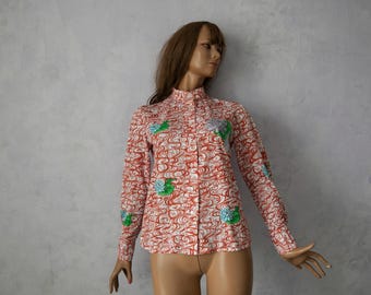 Vintage 70s Psychedelic Blouse: Frog Swan Waterlily Print - Made in Taiwan/ small
