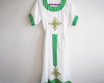 Habesha Kemis – Handcrafted Ethiopian White Gauze Dress with Green Embroidery/ S