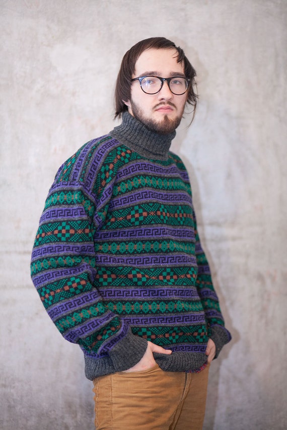 Vintage Men Sweater Multicolor High Neck Wool Acrylic Blend Sweater Grey Purple Green Ornament Sweater M