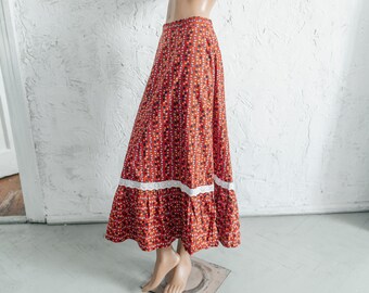 Vintage 70s Cotton Prairie Skirt: Red Ditsy Print, Eyelet Trim small