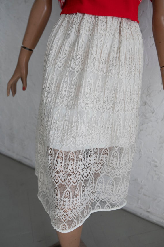 Ivory white beige color lace skirt/ midi length s… - image 2