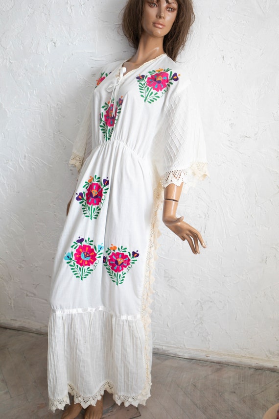 Mexican wedding dress white cotton red floral emb… - image 7