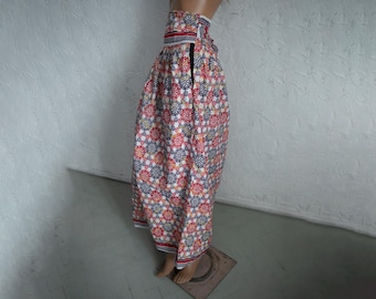 Floral Cotton white red Maxi Skirt: Bohemian Prairie Style with Tie Belt Small