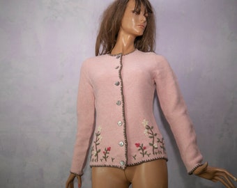 Pink Dirndl  fol flower embroidered cardigan /knitted pure wool   preppy woman jacket /S
