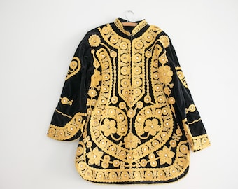 Vintage 70er Jahre Afghanisches Samthemd im osmanischen Stil mit Hendrix-Motiv, goldbestickte Spiegeltunika/ Größe M