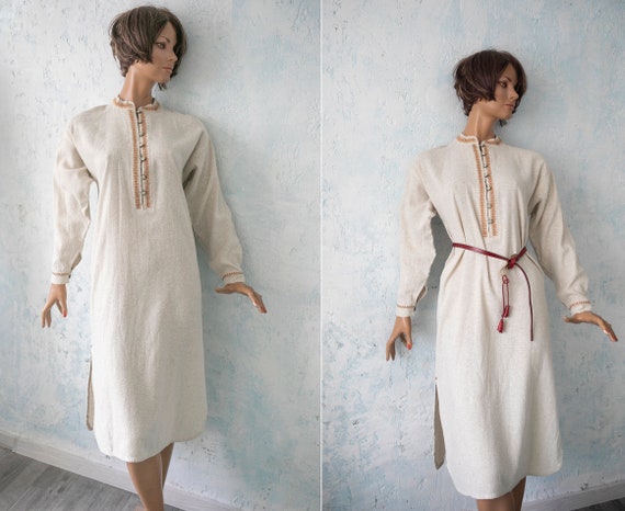 woman vintage folk dress/ beige linen hand made e