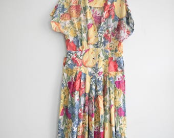 80s Floral Print Cotton Sundress: Vintage Midi  yellow red flower  Tea Dress S/M