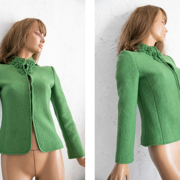 Veste femme en laine feutrée vert salade décor floral Dirndl Jacket/manches longues bouffantes/ S