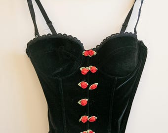 Vintage Style Black Velvet Corset with Rose Details  75B
