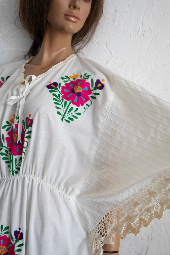 Mexican wedding dress white cotton red floral emb… - image 10