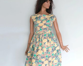 1950s Abstract Print Cotton Dress: Full Circle Sleeveless Party Dress/ small