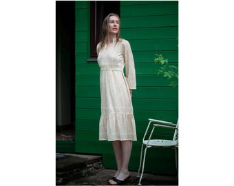 70s Floral Cotton Midi Dress, Romantic Cottagecore Summer Gown, Waist Tie