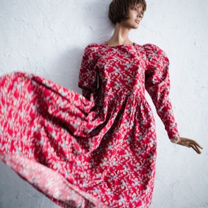 Laura Ashley 80s dress  Red Floral Cotton Dress – Prairie Style, Bishop Sleeves, Empire Waist, Cottagecore S/M