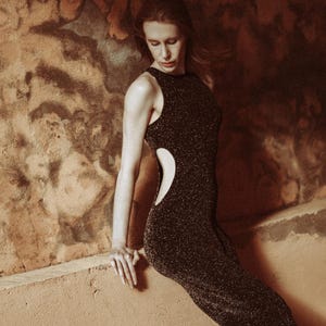 navy blue dress for baby girl Vintage 90s Tadashi Black Velvet Sheer Cut Out Gown main image 0