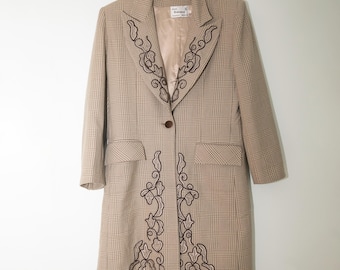 90s Vintage Doña Guiomar Beige taupe  Embroidered Wool Coat-Jacket  Outwear/ M