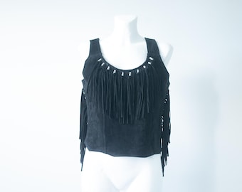 Vintage-Weste aus schwarzem Wildleder mit Fransen, seitlichem Reißverschluss und Boho-Stil