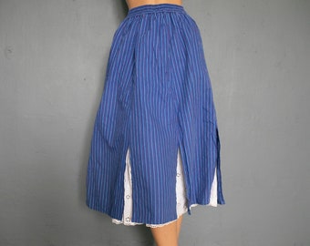 Folk  skirt/ striped dirndl skirt / blue white cotton skirt / eyelet cotton embroidered underskirt 80s vintage /S/M