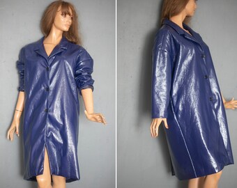 Minimalist trench coat PU leather cobalt blue oversize woman knee length trench coat/SM