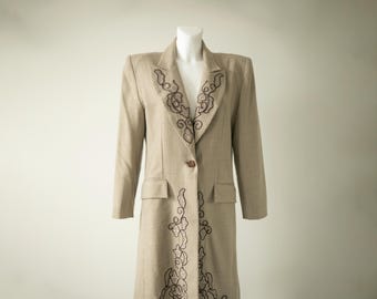 90s Vintage  Beige taupe  Embroidered Wool  Coat Fall Jacket  Outwear/ M