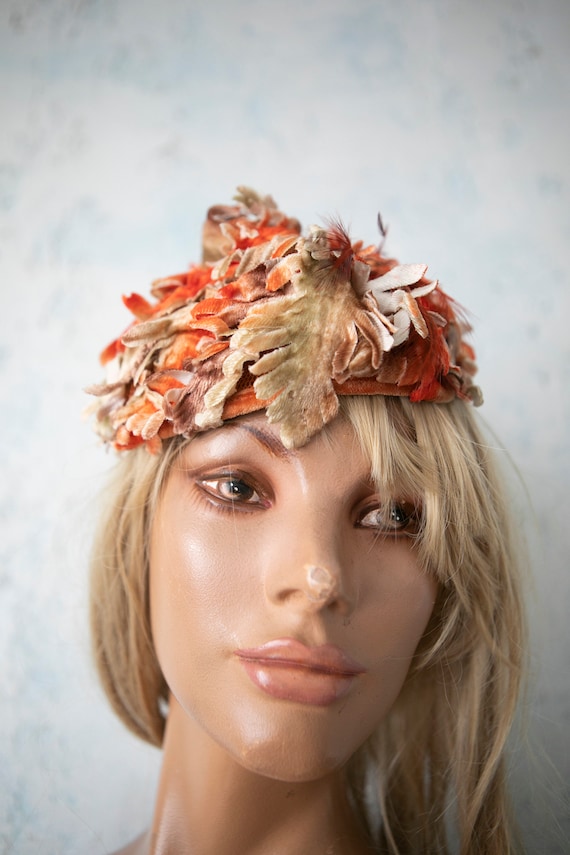 Vintage 50s Pillbox  orange /light brown feather … - image 3